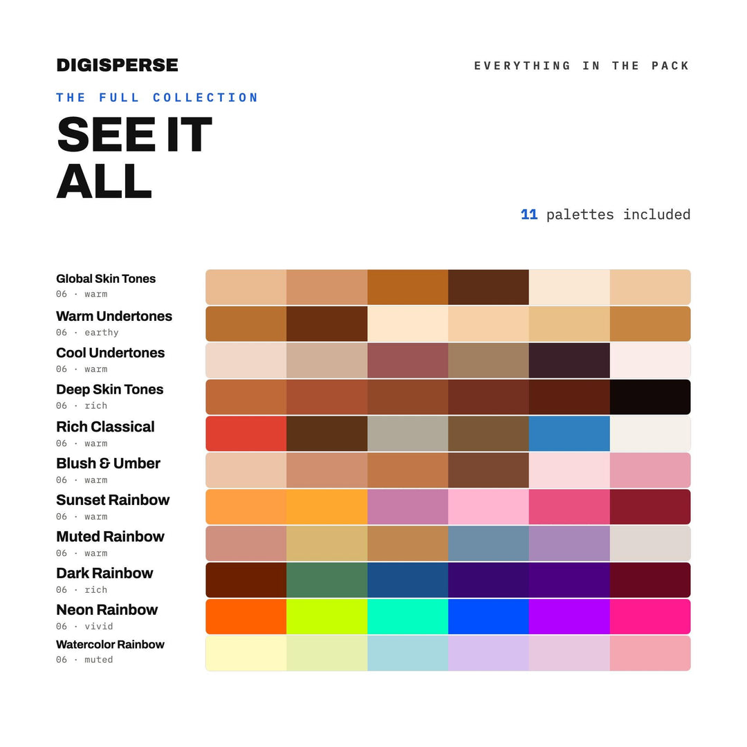 Portrait Color Swatches Collection, 11 Diverse Skin Tone & Rainbow Spectrum Palettes for Digital Painting and Illustration