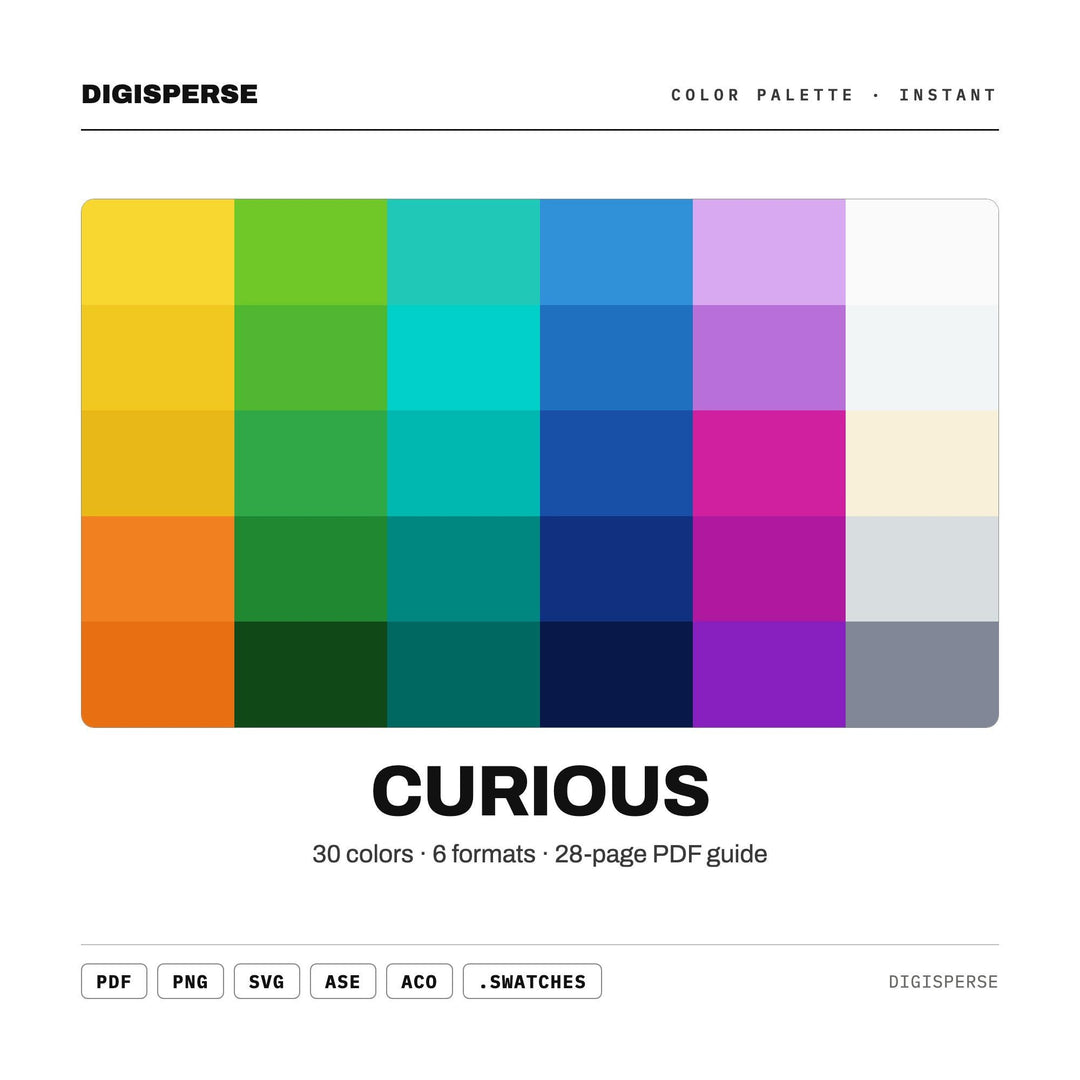 Bright Playful Color Palette for Whimsical Kids Art and Inquisitive Branding, 30 Curious Wonder Hues, Procreate Swatches, Hex Codes
