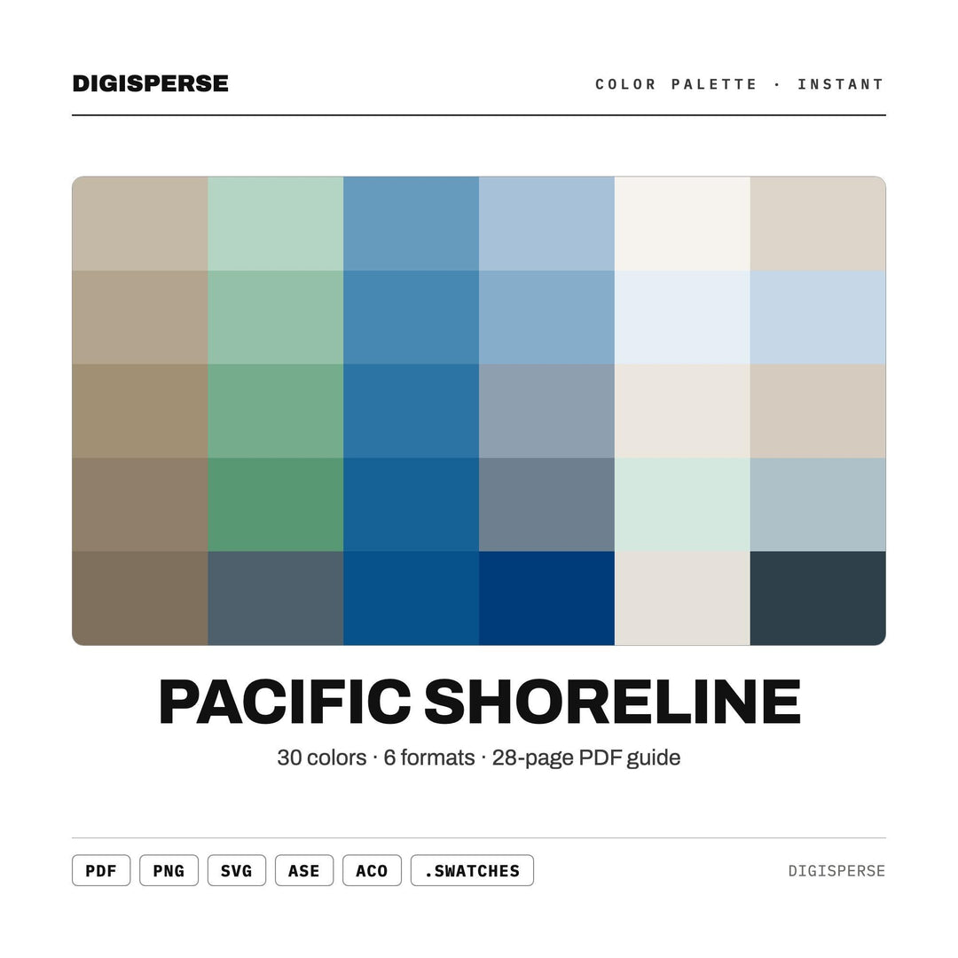 Pacific Shoreline Color Palette | 30 Colors | Hex RGB CMYK | Color Guide | Procreate Swatches + ASE | Digital Download
