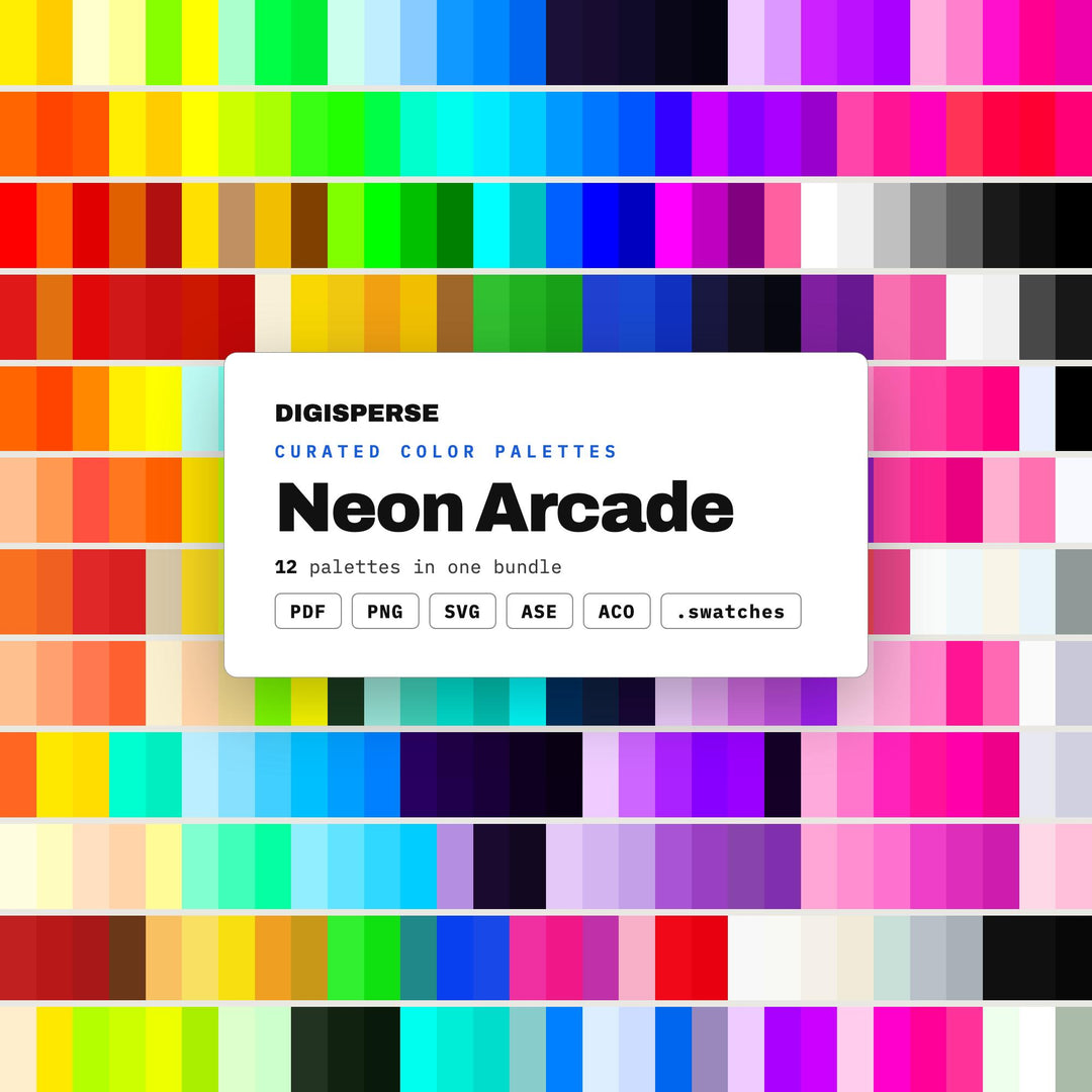 Neon Color Codes Bundle, 12 Retro Arcade & Synthwave Palettes for Gamer Branding, Y2K Party Graphics and Bold Poster Design, 360 Colors