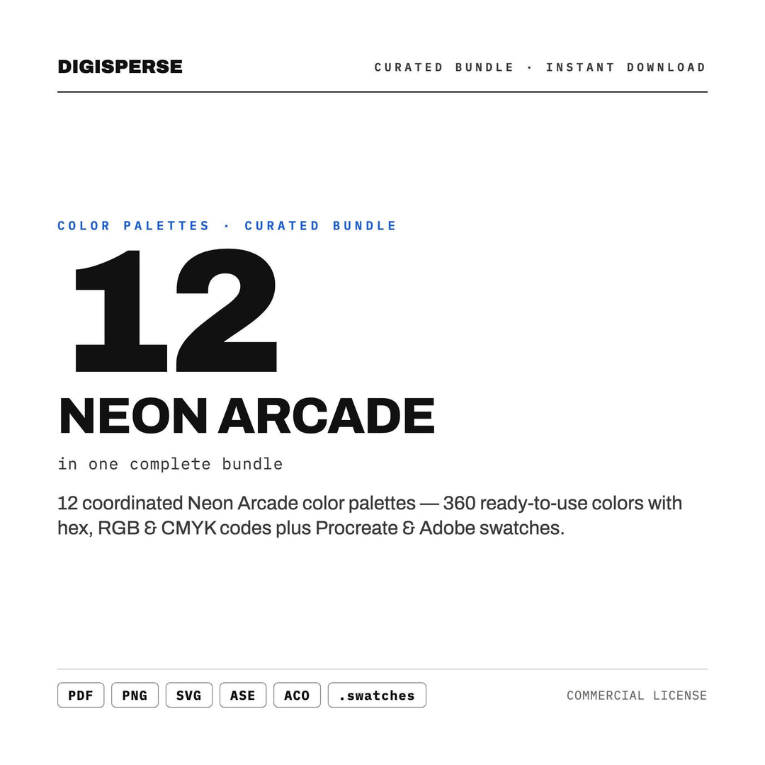 Neon Color Codes Bundle, 12 Retro Arcade & Synthwave Palettes for Gamer Branding, Y2K Party Graphics and Bold Poster Design, 360 Colors