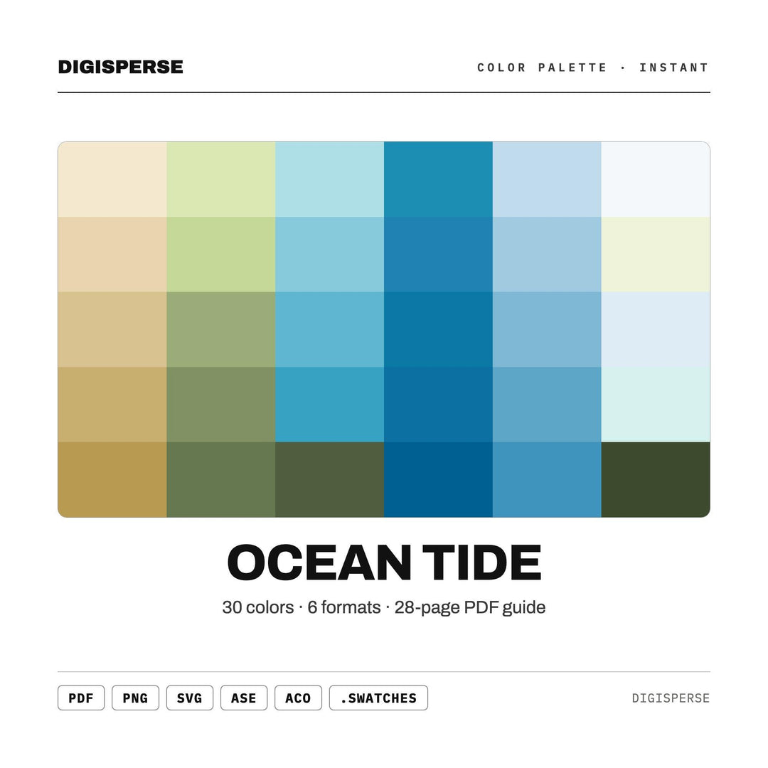 Ocean Tide Color Palette | 30 Colors | Hex RGB CMYK | Color Guide | Procreate Swatches + ASE | Digital Download