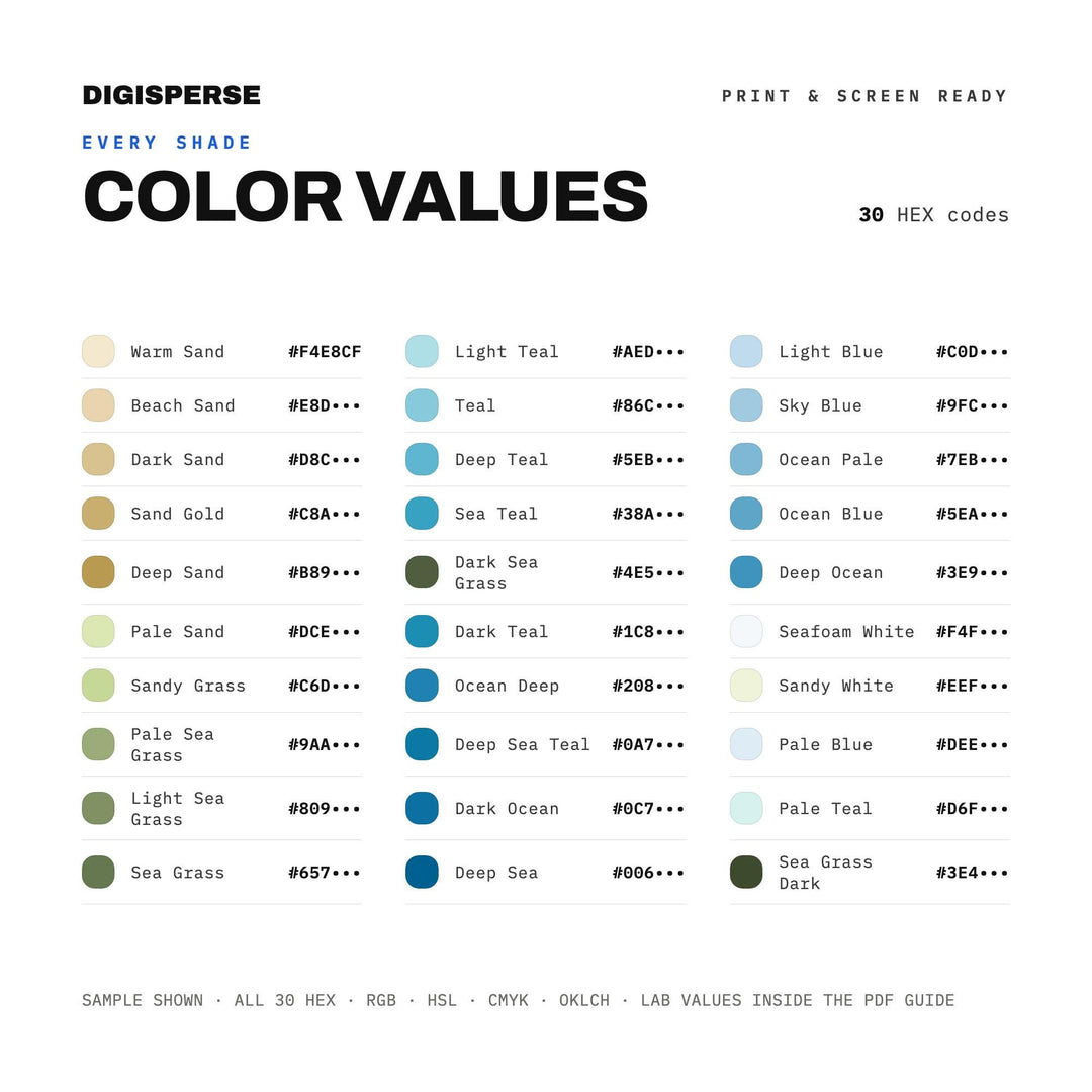 Ocean Tide Color Palette | 30 Colors | Hex RGB CMYK | Color Guide | Procreate Swatches + ASE | Digital Download
