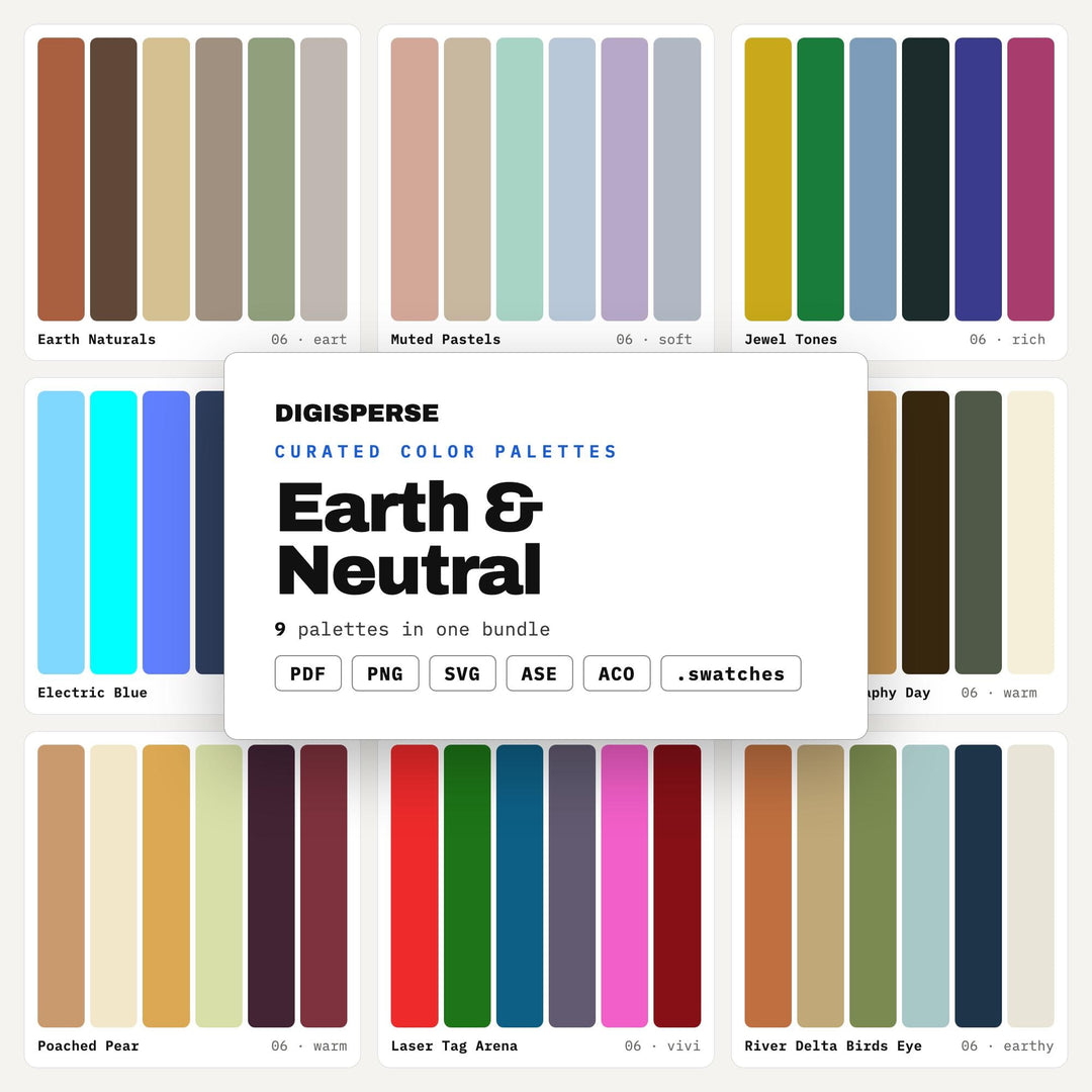 Earth Tone Color Chart Collection, 9 Natural & Neutral Palettes for Boho Branding, Nursery Decor Planning and Organic Packaging Design
