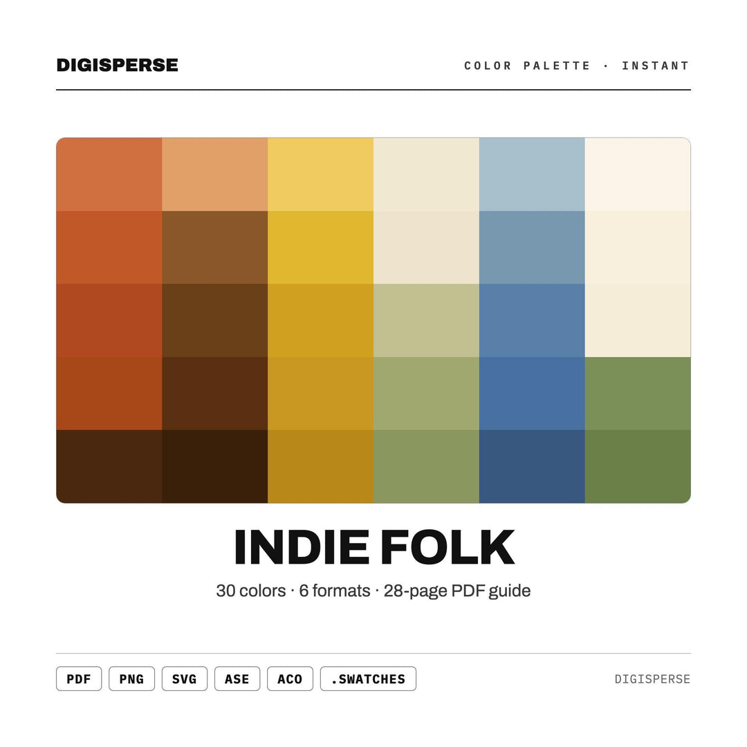 Indie Folk Color Palette | 30 Warm Earthy Tones (Procreate, ASE, PDF)