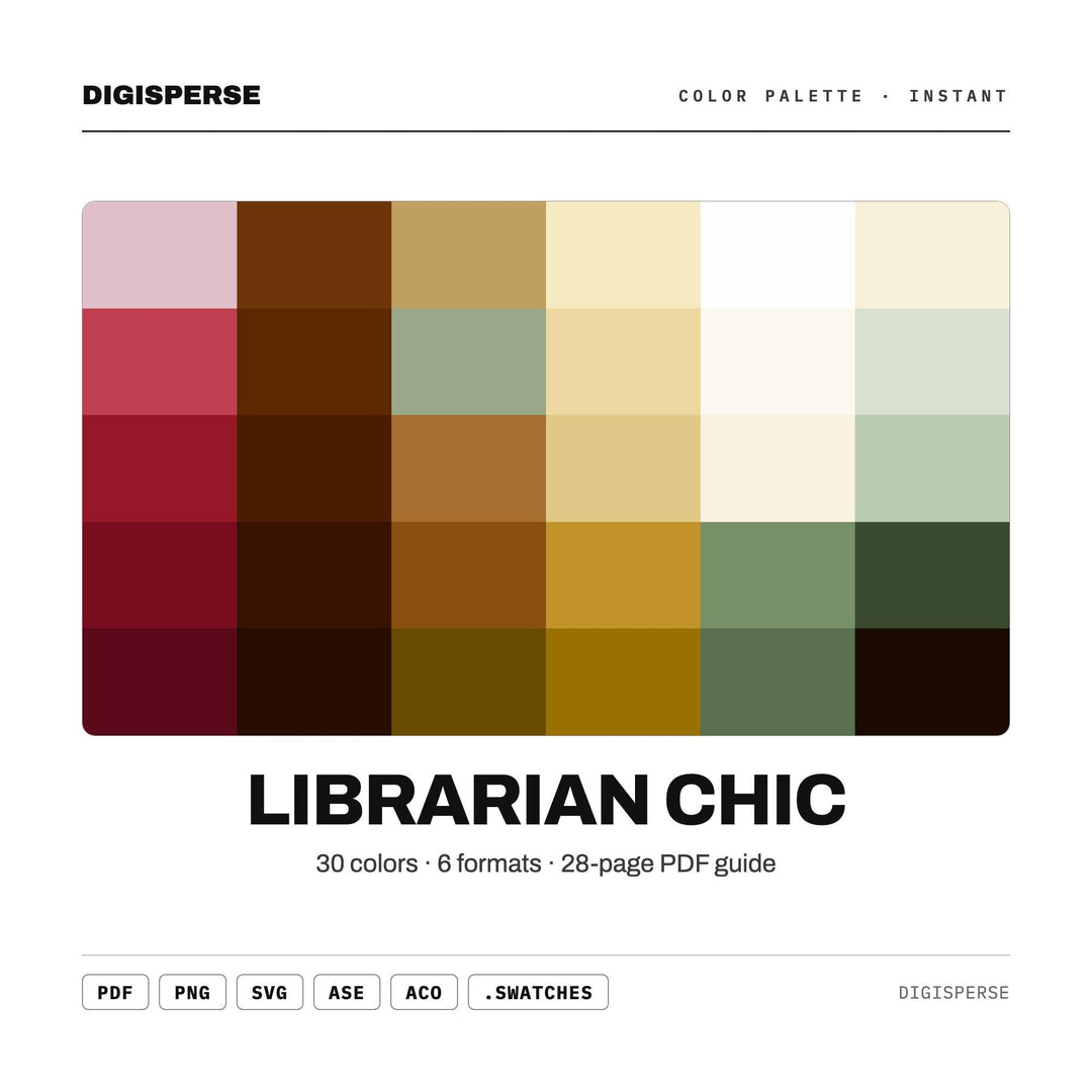 Librarian Chic Color Palette | 30 Colors | Hex RGB CMYK | Procreate Swatches + ASE | Digital Download
