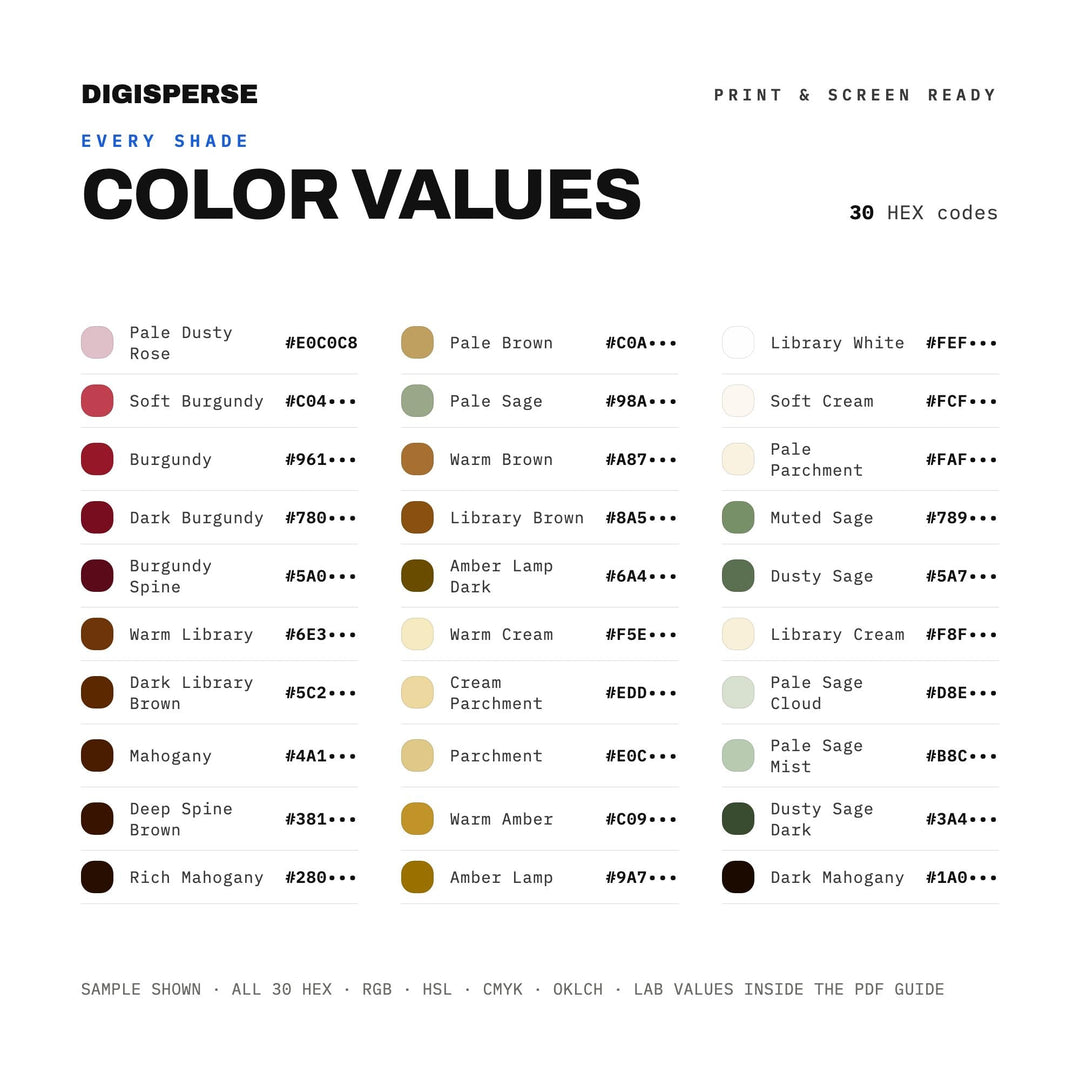 Librarian Chic Color Palette | 30 Colors | Hex RGB CMYK | Procreate Swatches + ASE | Digital Download