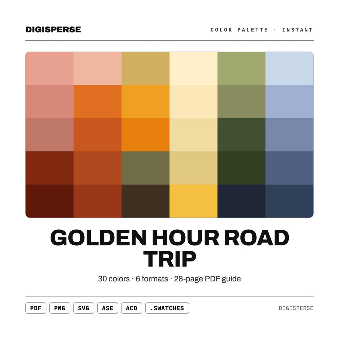 Golden Hour Road Trip Color Palette | 30 Colors | Hex RGB CMYK | Procreate Swatches + ASE | Digital Download