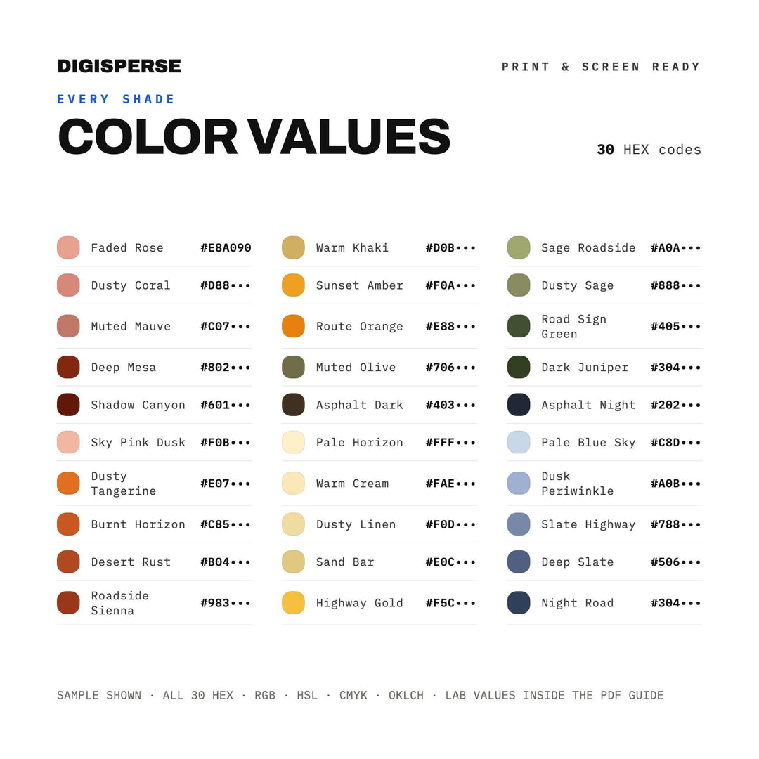Golden Hour Road Trip Color Palette | 30 Colors | Hex RGB CMYK | Procreate Swatches + ASE | Digital Download