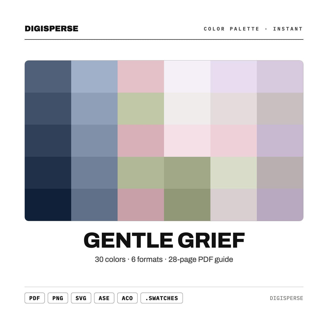 Gentle Grief Color Palette | 30 Colors | Hex RGB CMYK | Color Guide | Procreate Swatches + ASE | Digital Download