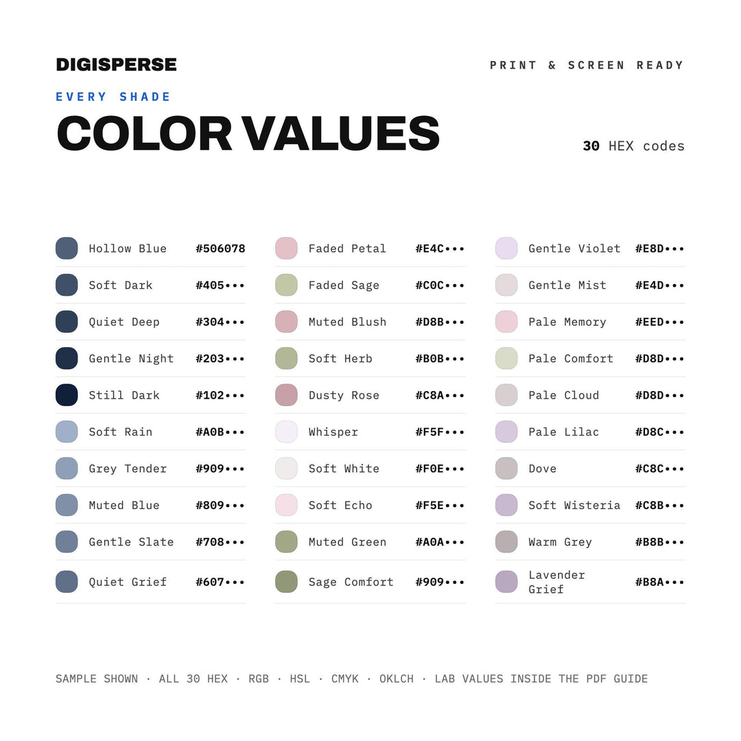 Gentle Grief Color Palette | 30 Colors | Hex RGB CMYK | Color Guide | Procreate Swatches + ASE | Digital Download