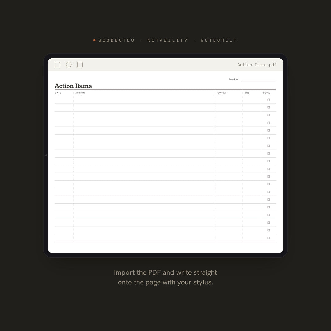 Action Items Planner Insert | Meeting Notes | GoodNotes iPad PDF | Digital Download