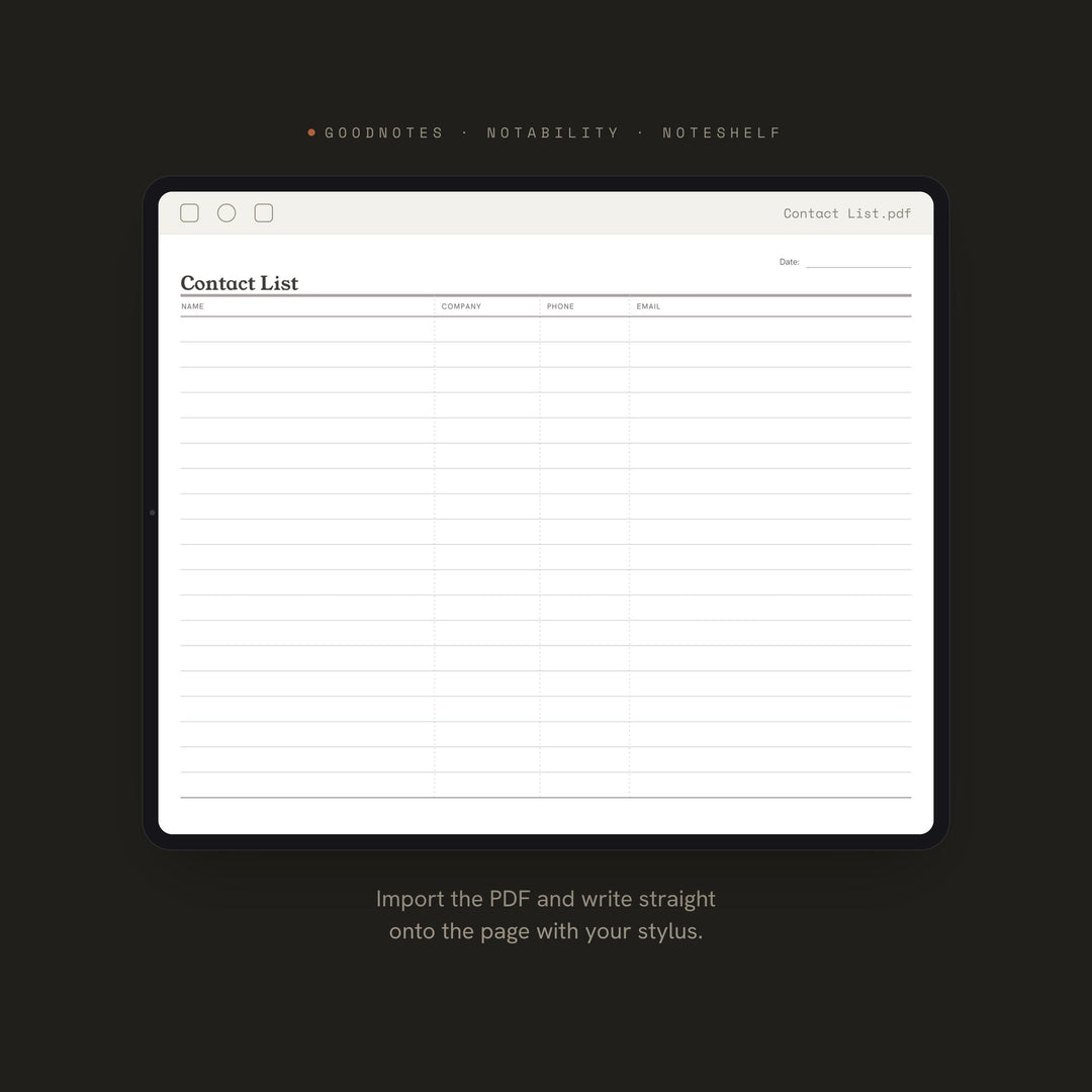 Contact List Planner Insert | Contact Log | GoodNotes iPad PDF | Digital Download