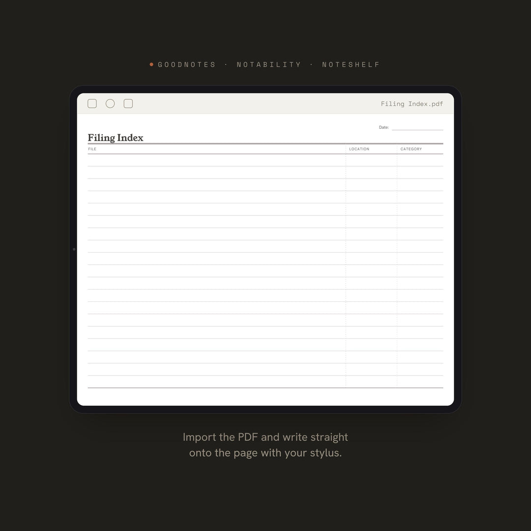 Filing Index Planner Insert | Office Planner | GoodNotes iPad PDF | Digital Download