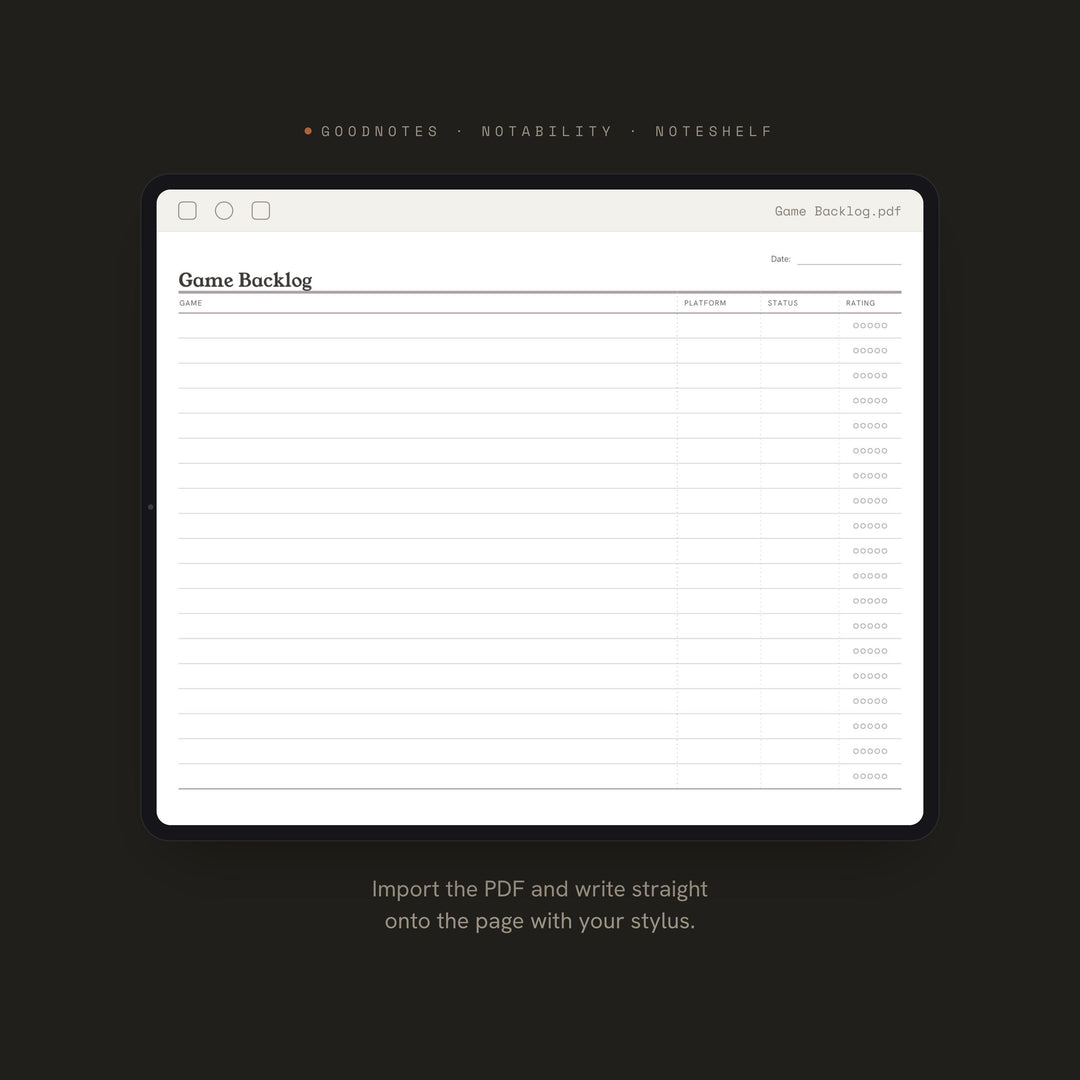 Game Backlog Planner Insert | Hobby Tracker | GoodNotes iPad PDF | Digital Download