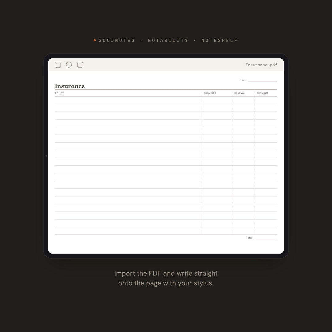 Insurance Planner Insert | Operations Planner | GoodNotes iPad PDF | Digital Download