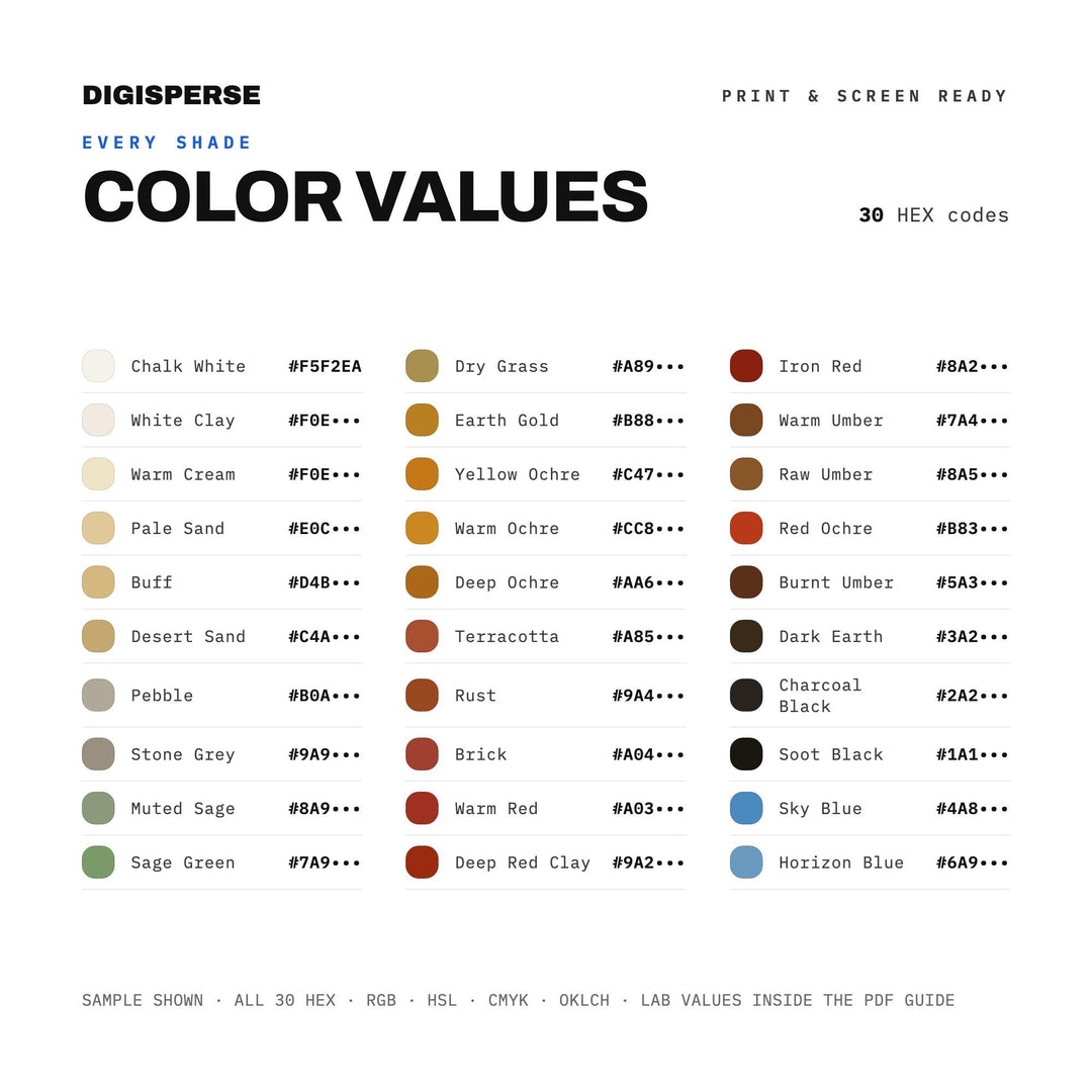 Indigenous Earths Color Palette | 30 Procreate Swatches, HEX, RGB, CMYK (Digital Download)