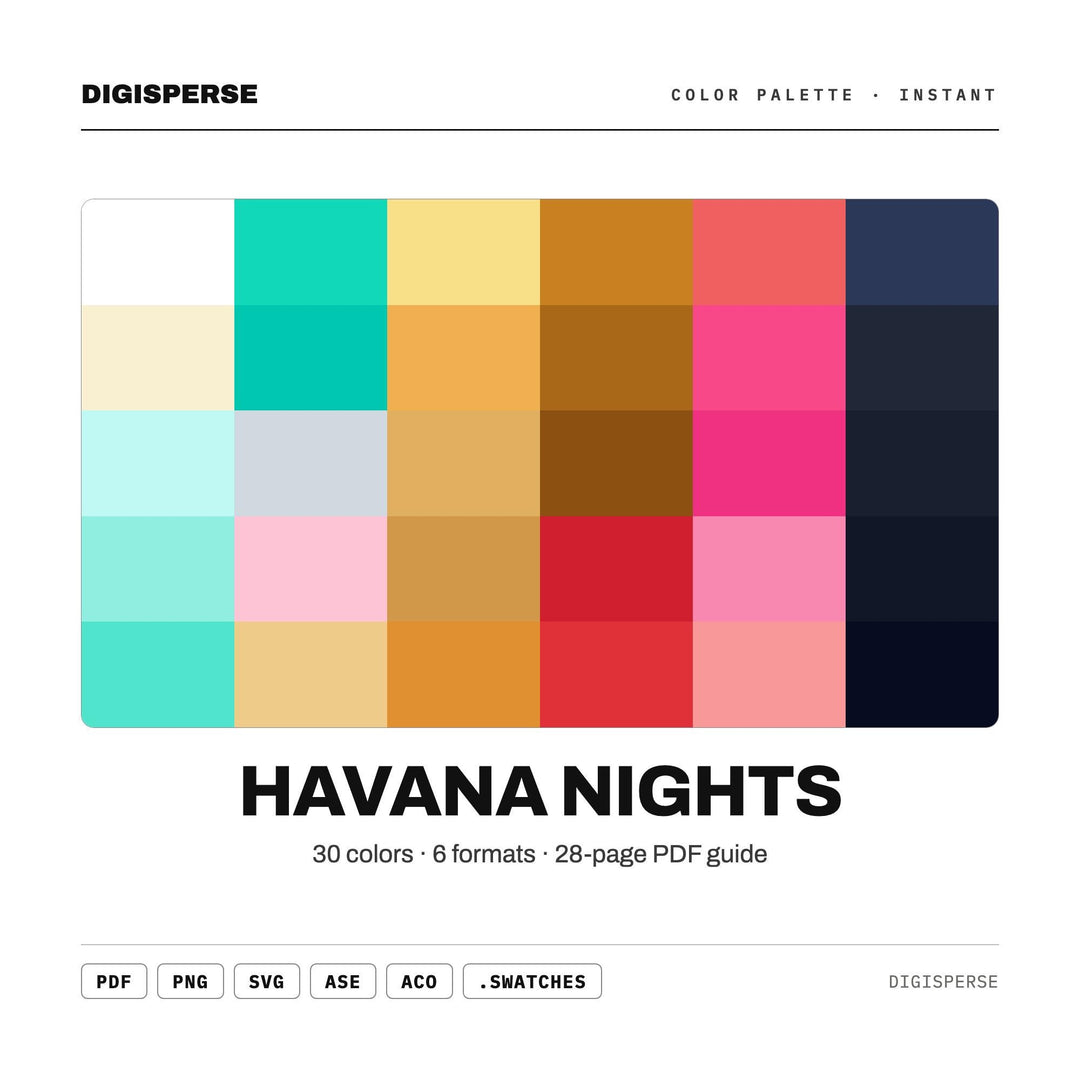 Havana Nights Color Palette | 30 Procreate Swatches, HEX, RGB, CMYK (Digital Download)