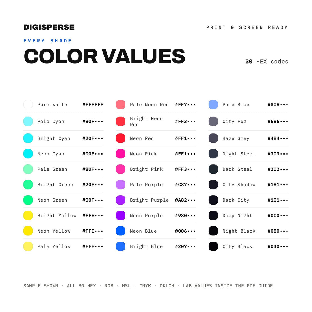 Hong Kong Neon Color Palette | 30 Procreate Swatches, ASE Guide (Digital Download)