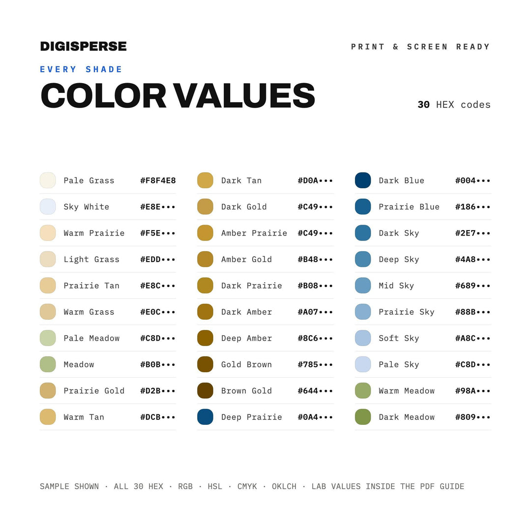 Prairie Wind Color Palette | 30 Colors | Hex RGB CMYK | Color Guide | Procreate Swatches + ASE | Digital Download