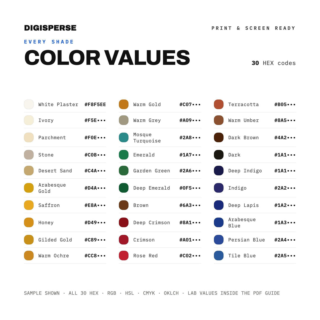 Golden Age Of Islam Color Palette | 30 Colors | Hex RGB CMYK | Color Guide | Procreate Swatches + ASE | Digital Download