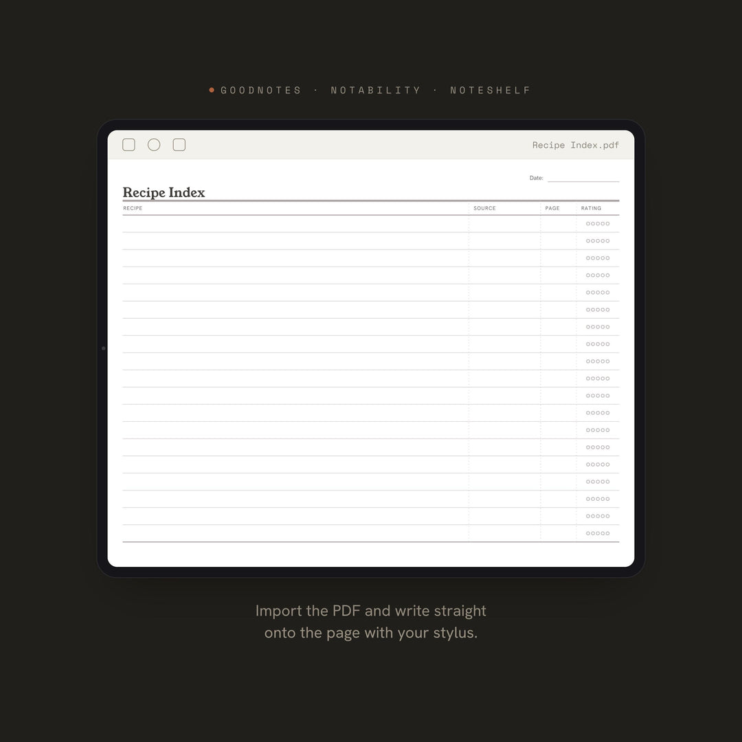 Recipe Index Planner Insert | Meal Planner | GoodNotes iPad PDF | Digital Download