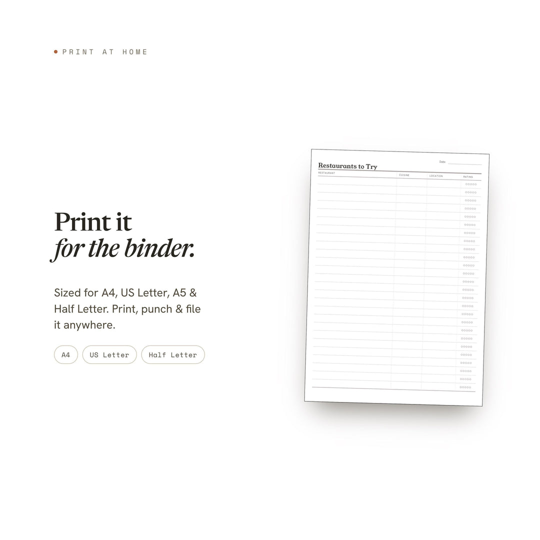 Restaurants to Try Planner Insert | Meal Planner | GoodNotes iPad PDF | Digital Download