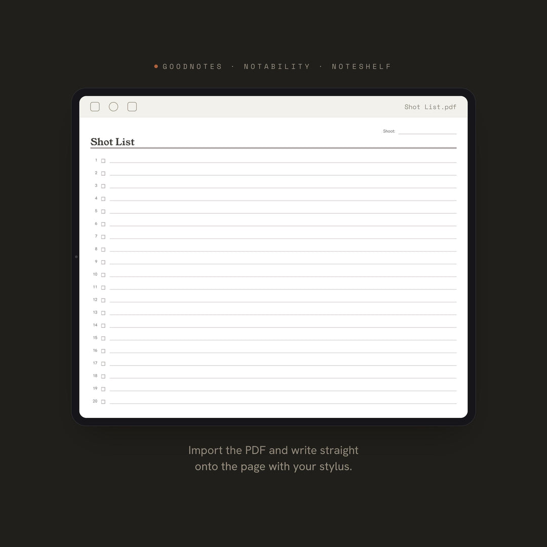 Shot List Planner Insert | Project Log | GoodNotes iPad PDF | Digital Download
