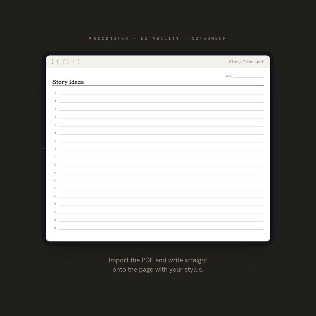 Story Ideas Planner Insert | Reading Log | GoodNotes iPad PDF | Digital Download