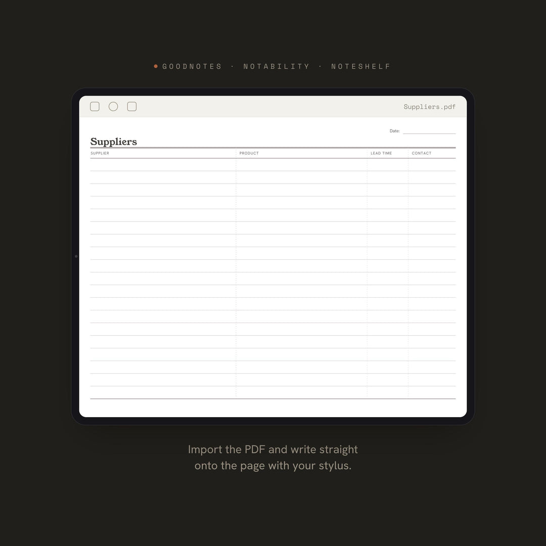 Suppliers Planner Insert | Ecommerce Planner | GoodNotes iPad PDF | Digital Download