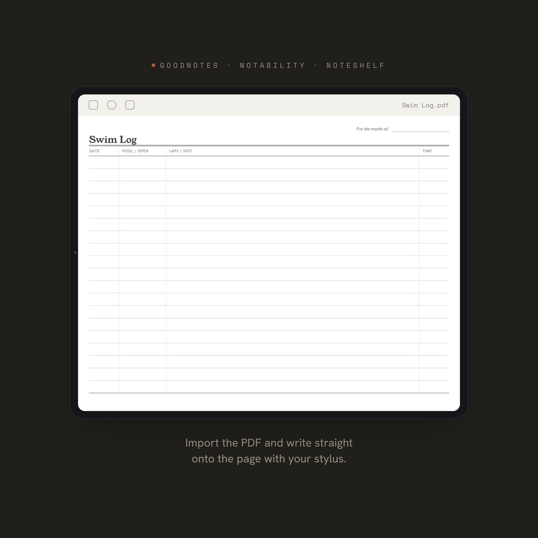Swim Log Planner Insert | Workout Tracker | GoodNotes iPad PDF | Digital Download