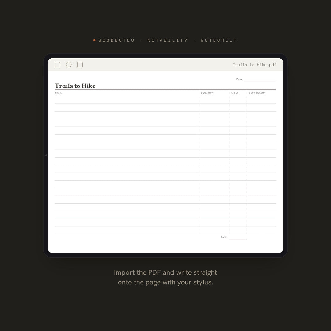 Trails to Hike Planner Insert | Outdoor Log | GoodNotes iPad PDF | Digital Download