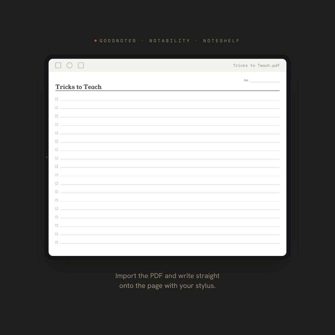 Tricks to Teach Planner Insert | Pet Planner | GoodNotes iPad PDF | Digital Download