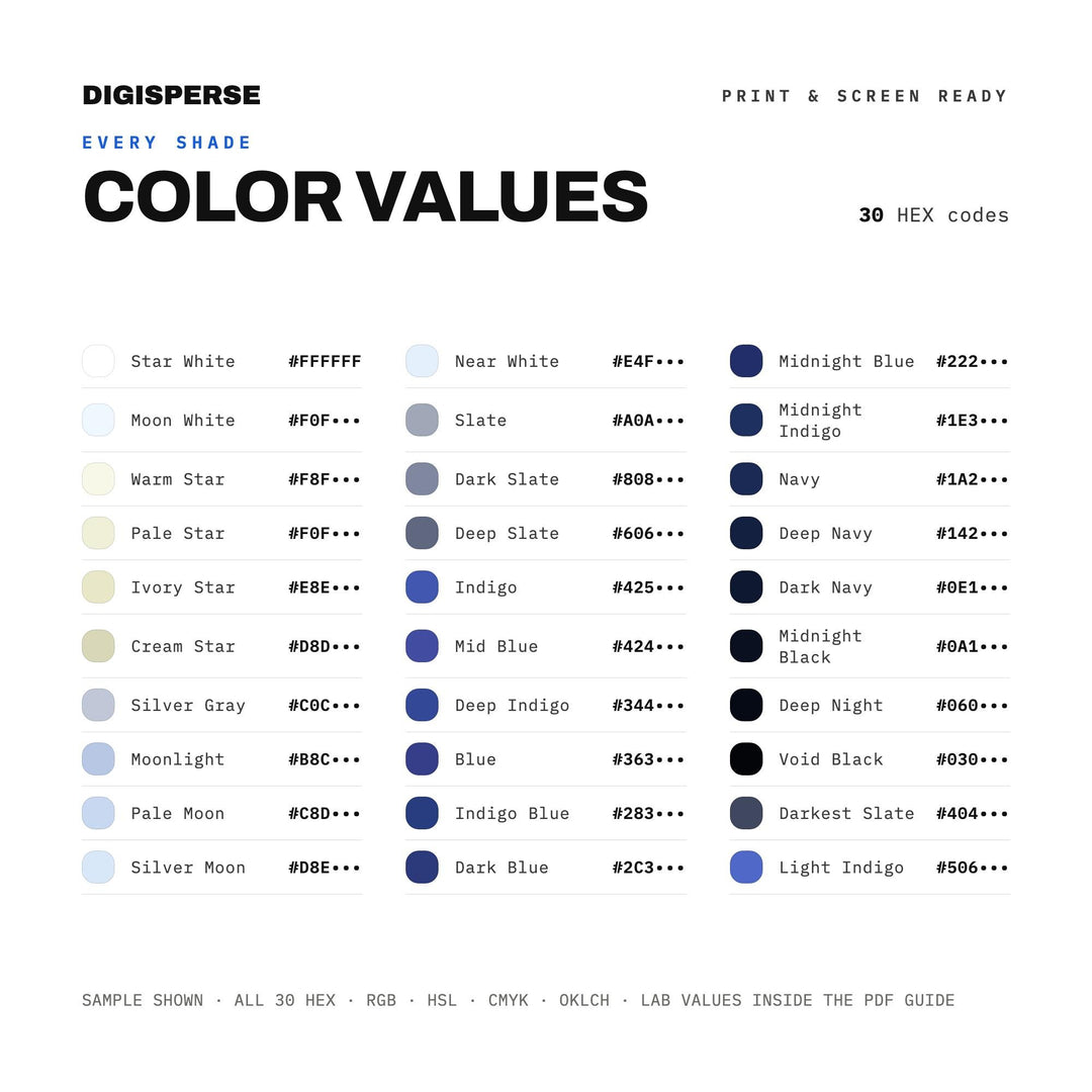 Deep Navy Color Palette for Starry Night Art and Elegant Branding, 30 Clear Midnight Blue Hues, Procreate Swatches, Hex Codes