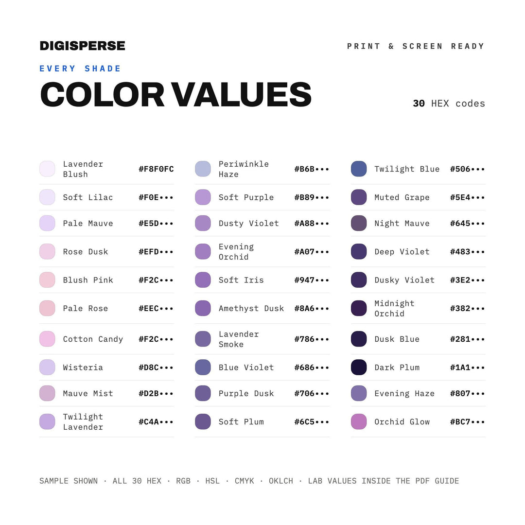 Lavender Twilight Color Palette | 30 Colors | Hex RGB CMYK | Color Guide | Procreate Swatches + ASE | Digital Download