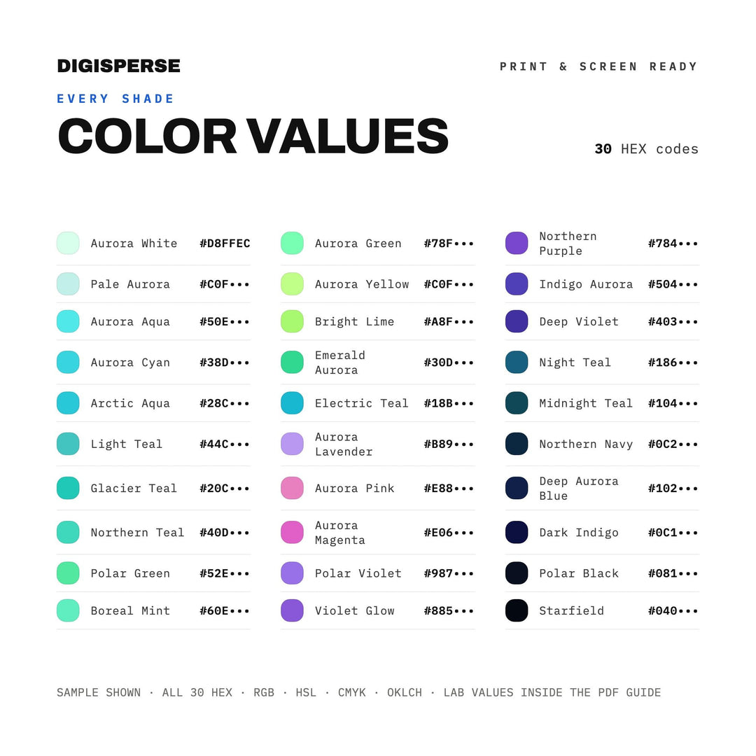 Northern Lights Color Palette | 30 Colors | Hex RGB CMYK | Color Guide | Procreate Swatches + ASE | Digital Download