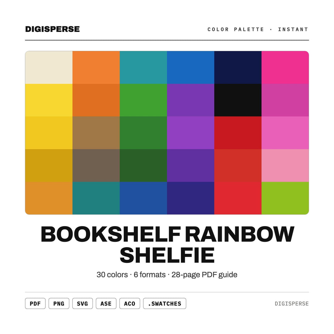 Bookshelf Rainbow Shelfie Color Palette | 30 Colors | Hex RGB CMYK | Procreate Swatches + ASE | Digital Download