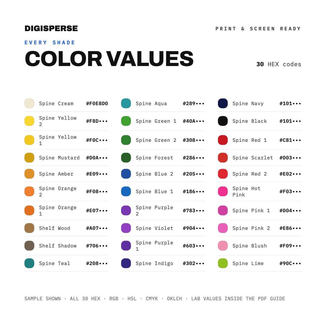 Bookshelf Rainbow Shelfie Color Palette | 30 Colors | Hex RGB CMYK | Procreate Swatches + ASE | Digital Download