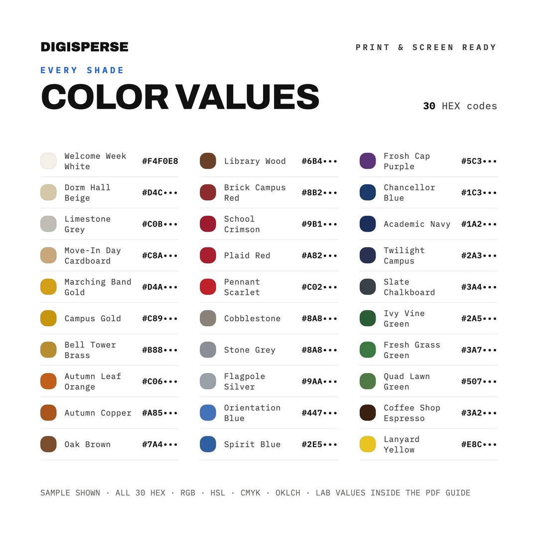 Bright Bold Color Palette for Campus Life Art and University Branding, 30 Welcome Week Hues, Procreate Swatches