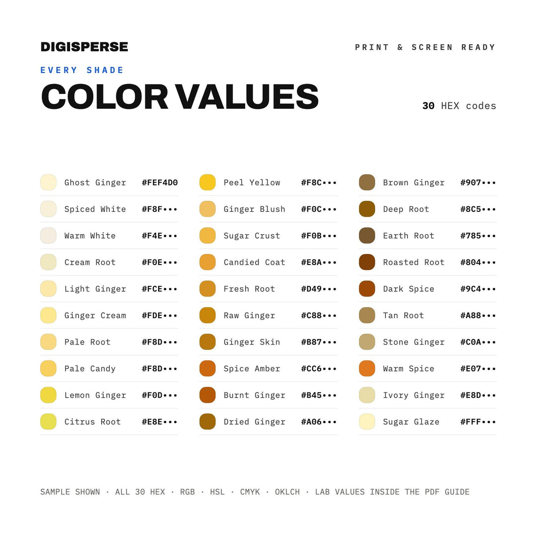 Candied Ginger Color Palette | 30 Procreate Swatches, HEX, RGB, CMYK (Digital Download)