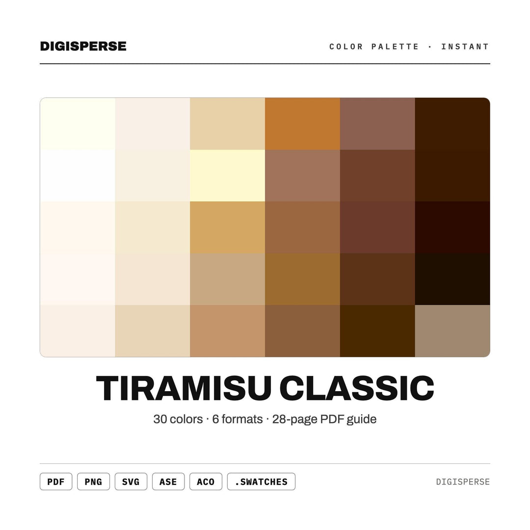 Tiramisu Classic Color Palette | 30 Colors | Hex RGB CMYK | Procreate Swatches + ASE | Digital Download