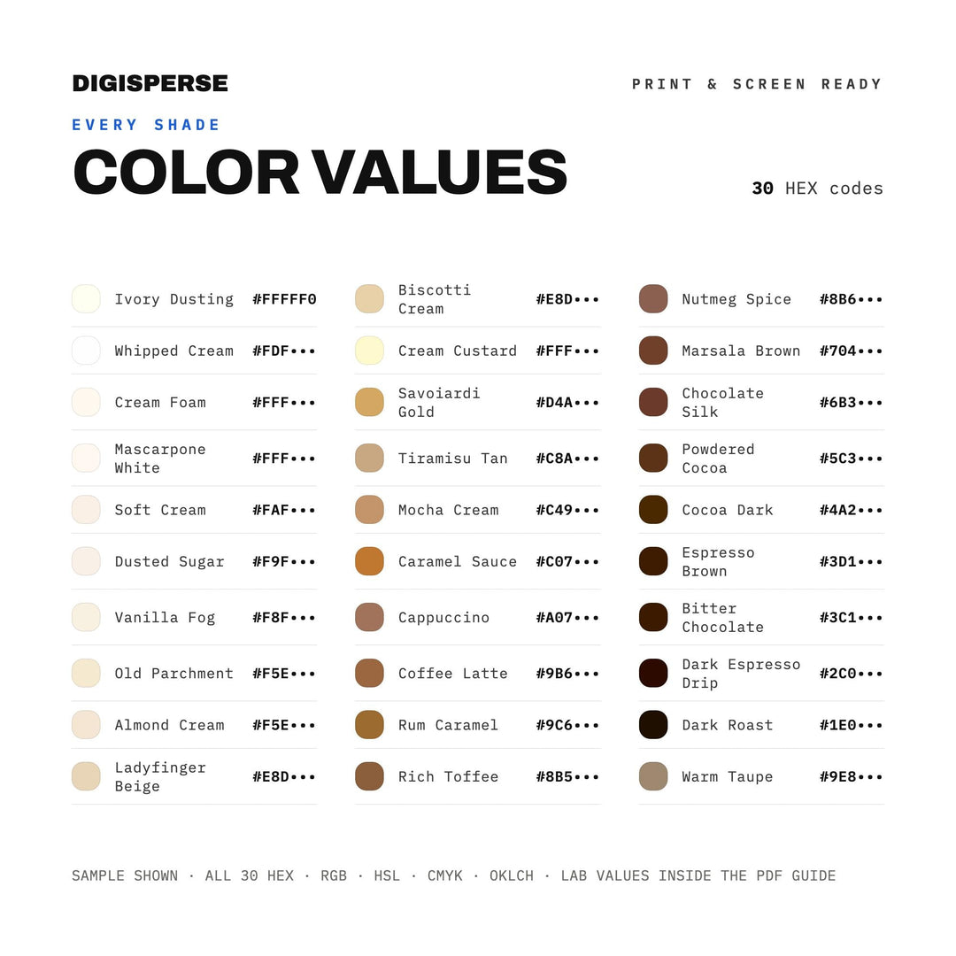 Tiramisu Classic Color Palette | 30 Colors | Hex RGB CMYK | Procreate Swatches + ASE | Digital Download