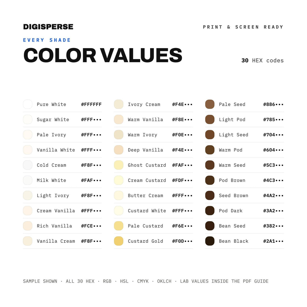 Vanilla Bean Color Palette | 30 Warm Food Inspired Colors (Digital Download)
