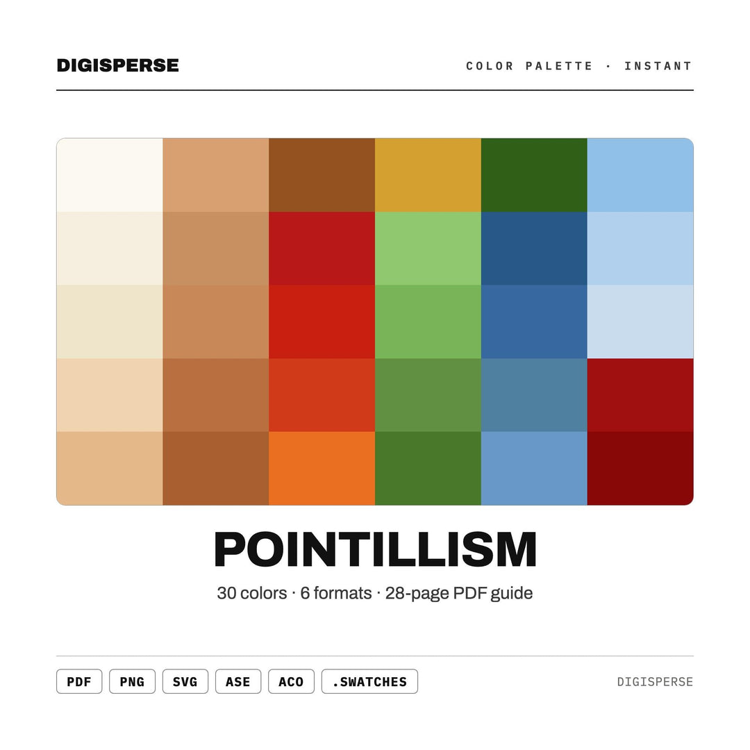Dotted Vibrant Color Palette for Impressionist Dot Art and Gallery Branding, 30 Pointillist Hues, Procreate Swatches, Hex Codes