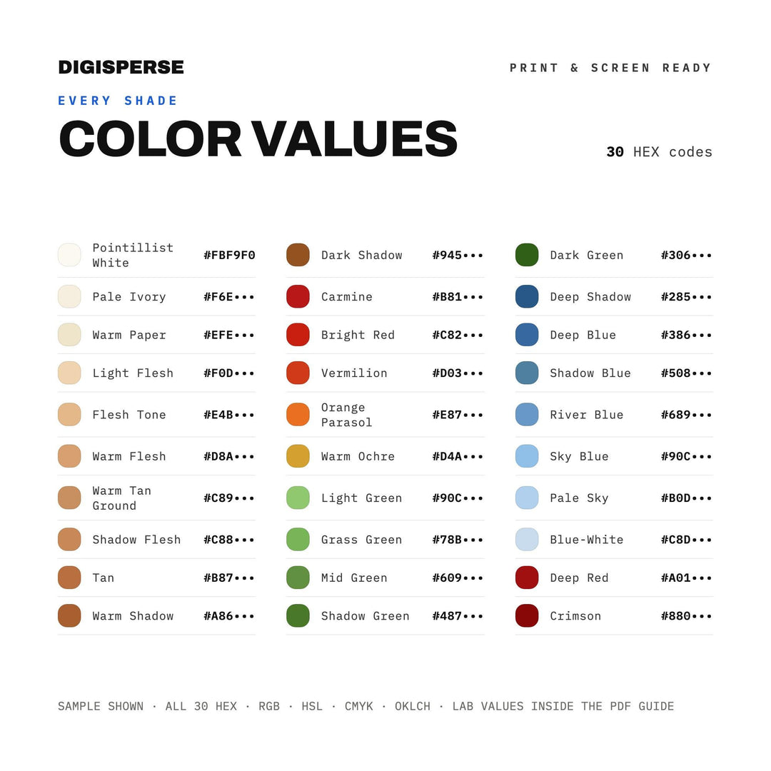Dotted Vibrant Color Palette for Impressionist Dot Art and Gallery Branding, 30 Pointillist Hues, Procreate Swatches, Hex Codes