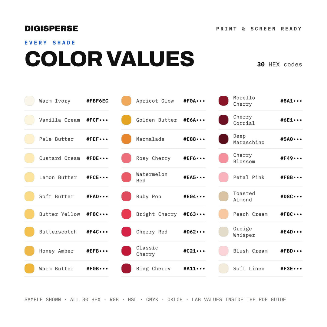 Cherry Red & Butter Yellow Color Palette | 30 Colors | Hex RGB CMYK | Color Guide | Procreate Swatches + ASE | Digital Download