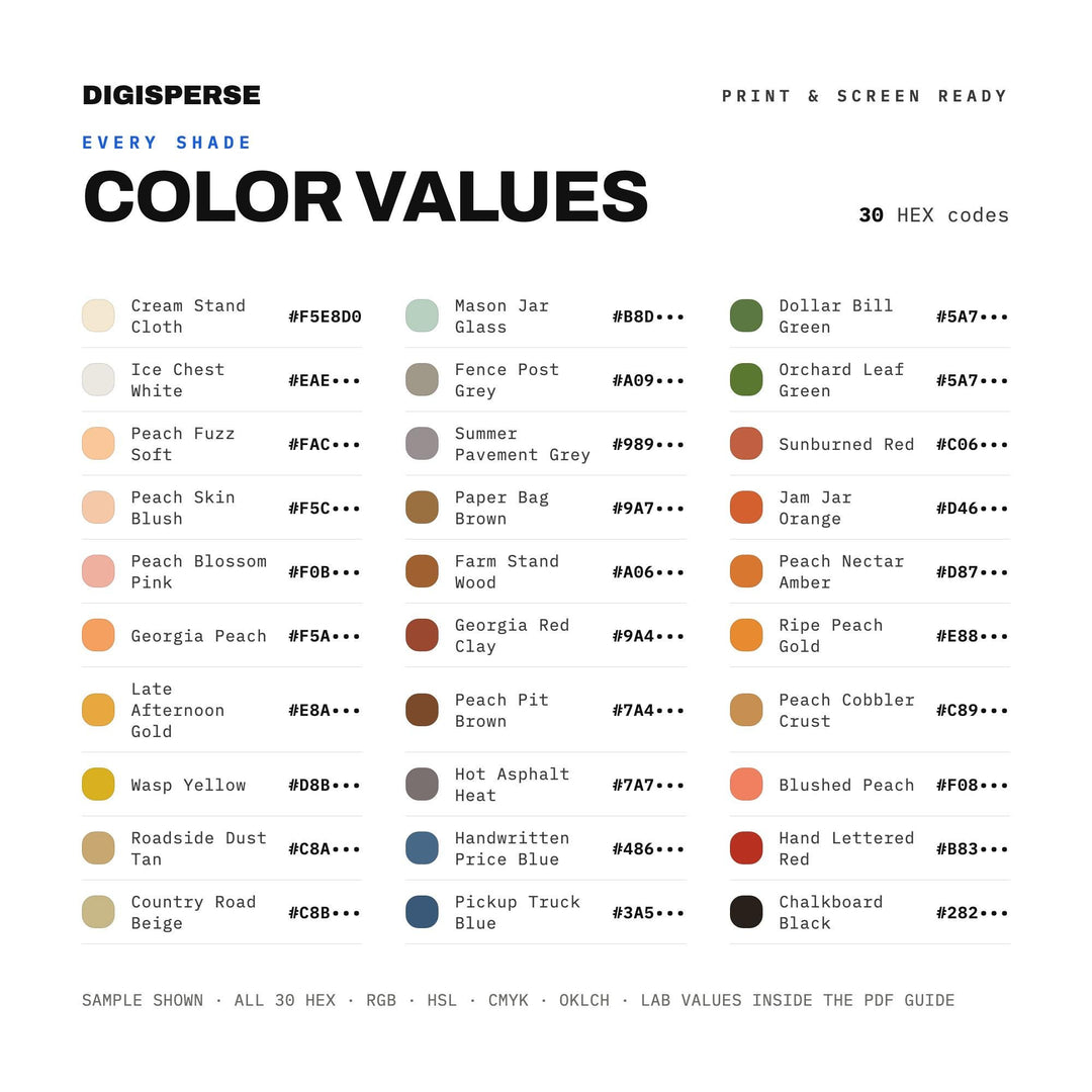 Roadside Peach Stand Color Palette | 30 Colors, Hex, RGB, CMYK (Digital Download)