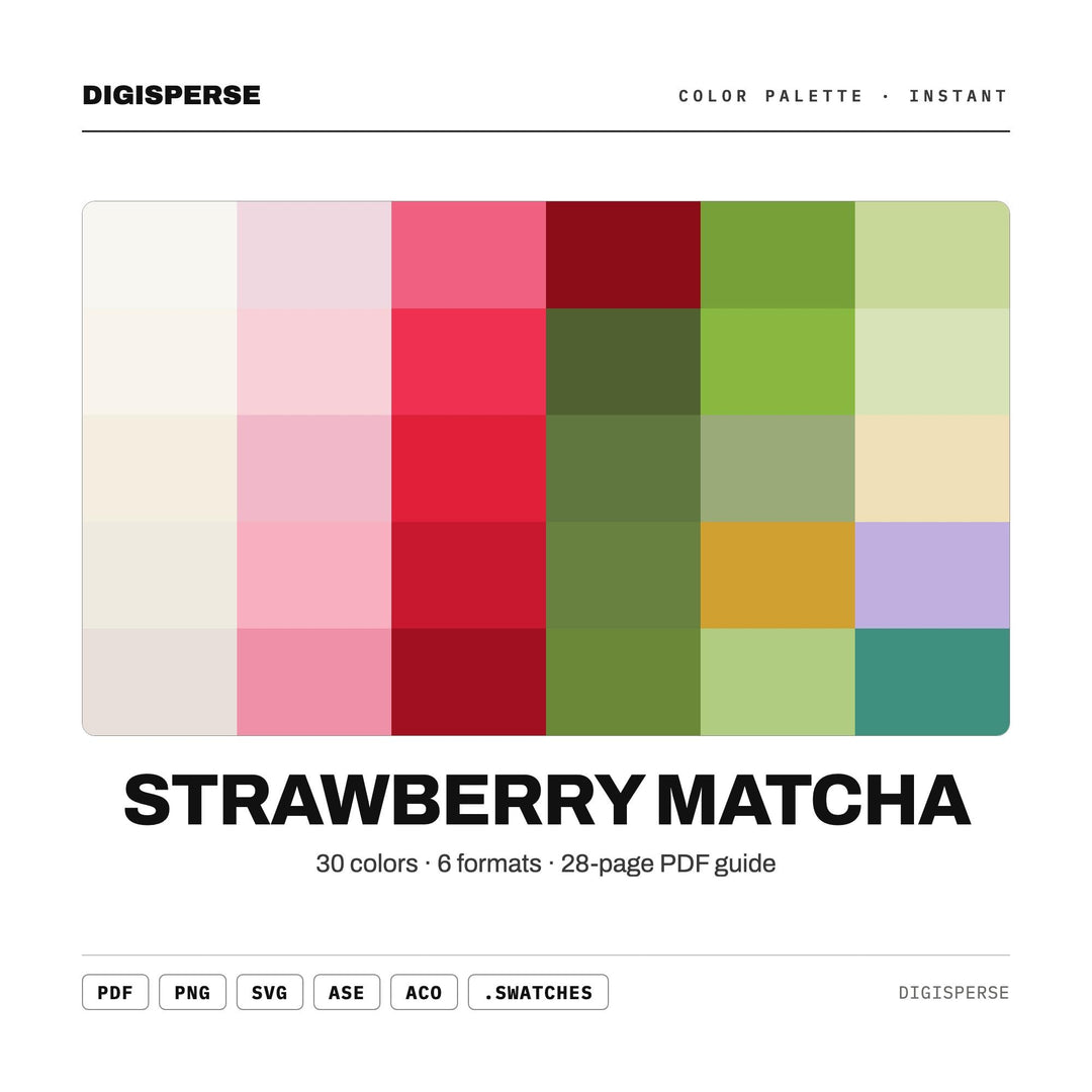 Strawberry Matcha Color Palette | 30 Colors | Hex RGB CMYK | Procreate Swatches + ASE | Digital Download