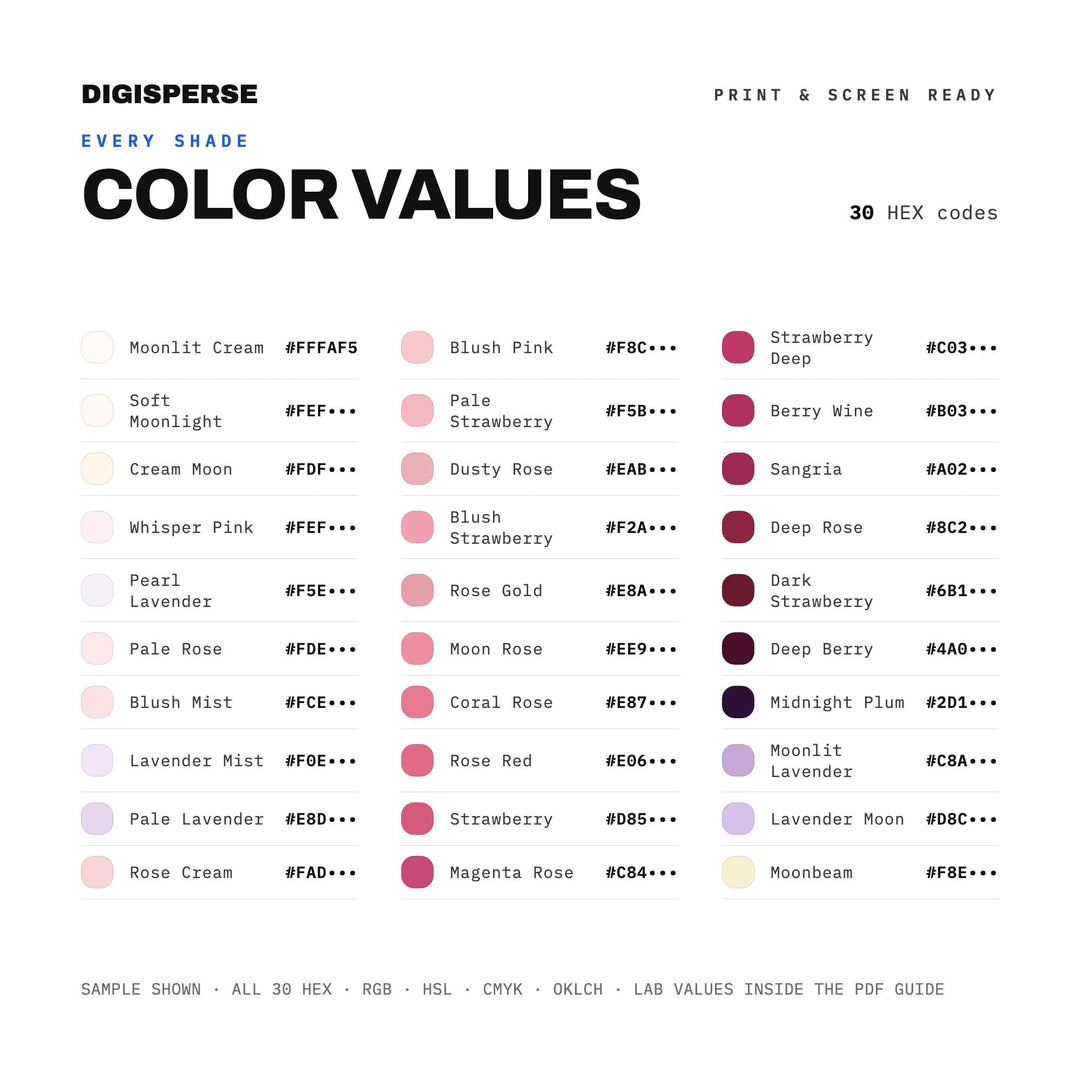 Strawberry Moon Color Palette | 30 Colors | Hex RGB CMYK | Procreate Swatches + ASE | Digital Download
