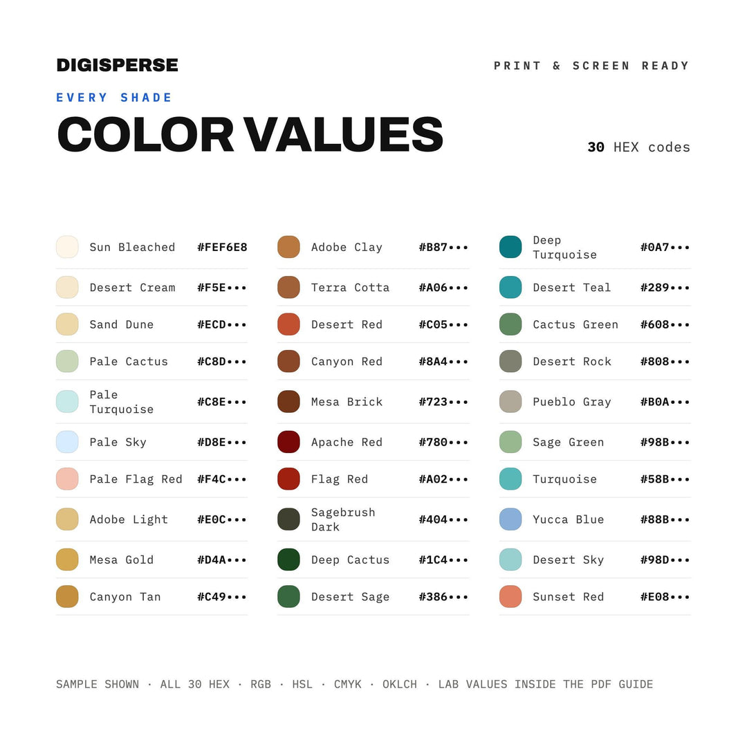 Desert Independence Color Palette | 30 Colors | Hex RGB CMYK | Procreate Swatches + ASE | Digital Download